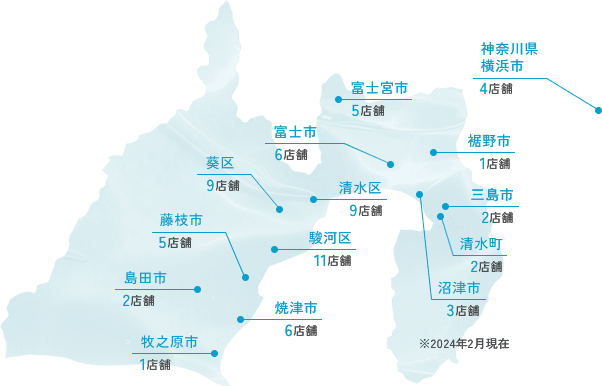 画像：富士宮市：5店舗、富士市：6店舗、葵区：9店舗、藤枝市：5店舗、島田市：2店舗、牧之原市：1店舗、焼津市：6店舗、駿河区：11店舗、清水区：9店舗、裾野市：1店舗、三島市：2店舗、清水町：2店舗、沼津市：3店舗、神奈川県横浜市：4店舗、※2024年2月現在