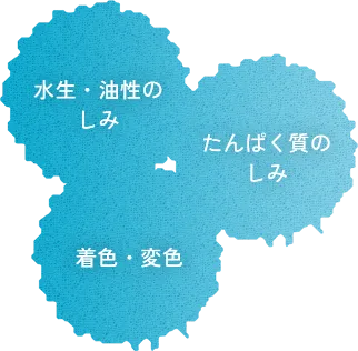 図：水生・油性のしみ、たんぱく質のしみ、着色・変色のこと